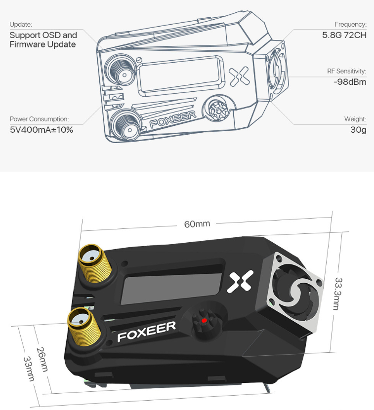 FOXEER Wildfire 5,8 ГГц 72-канальный двойной приемник OLED-экран2